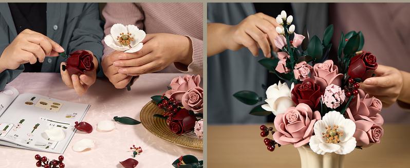 Supreowls Pink Roses Flower Bouquet Building Set, Artificial Flowers Botanical Collection Kit for Adults Women & Men - Gift for Valentines Day, Home Room Office Shelf Centerpieces Decor