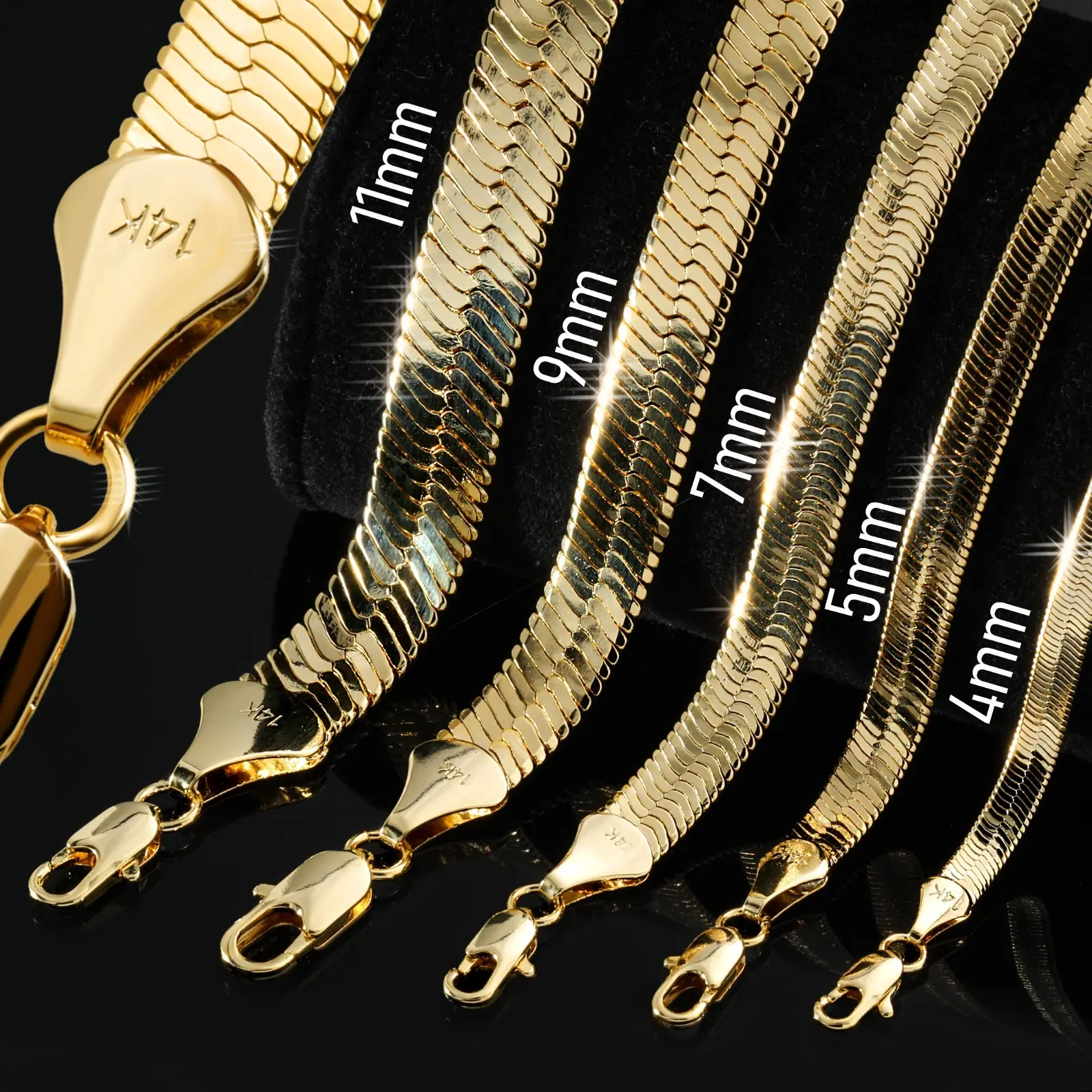 MaxBling81 AAA+ Brass 14K Stamped Hip Hop Gold-Plated Herringbone Chain Necklace, 4mm-14mm Width, Multiple Lengths (8in, 18in, 20in, 24in, 30in), Unisex Fashion Bling Accessory