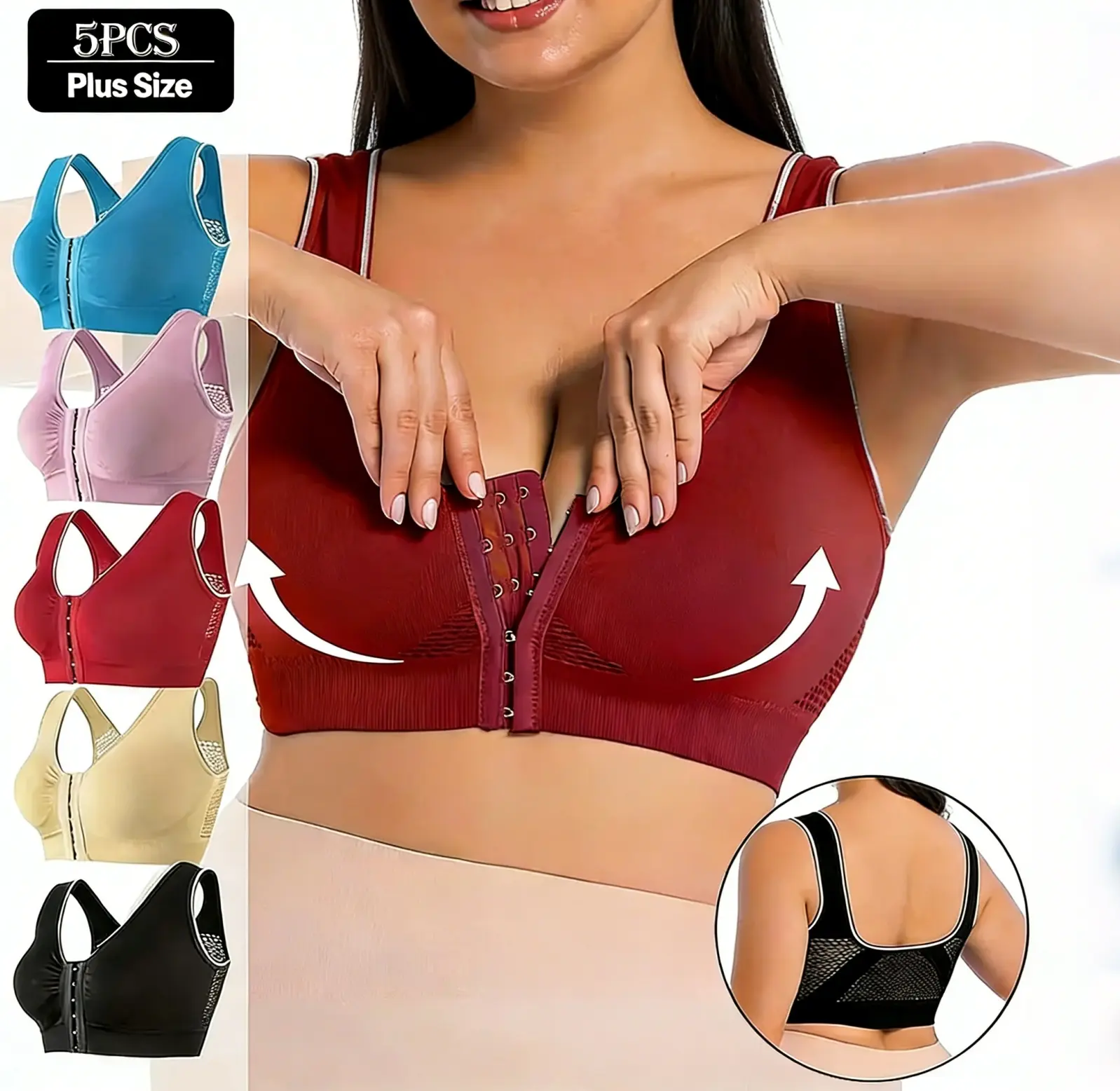 Women's Plus-Size Seamless Sports Bras (5pcs) - Front Closure, Full Coverage, Wireless, Removable Pads, Breathable Mesh V-Neck, Fitness Seamless, Plus-Size Support, Breathable High-Elastic Everyday Bras, Hand Wash for Running, Yoga, Seamless Vneck Bra