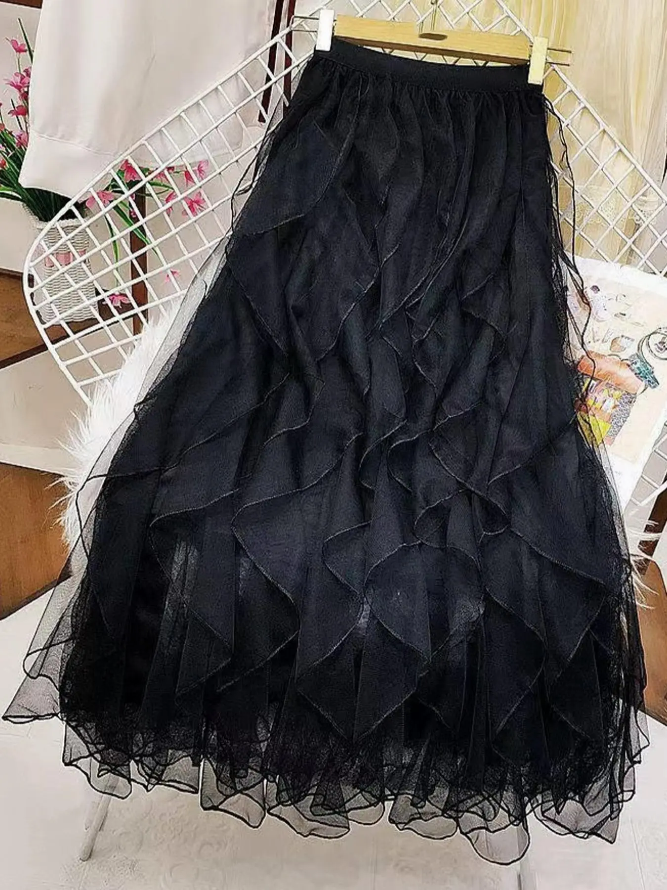 Women's Ruffle Tulle A Line Vintage Skirt, Ruffle Hem Skirt, Elegant Casual Skirt, Elegant High Waist Midi Skirt for Party Holiday Wedding Guest, Ladies Bottoms for All Seasons