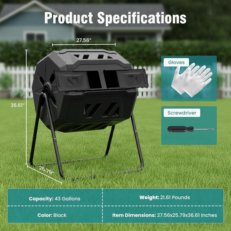 43 Gallon Dual Chamber Compost Bin Outdoor, 360° Rotating Compost ...