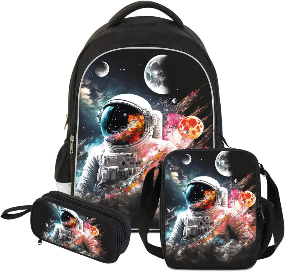 3 Piece Astronauts Backpack Set for Kids, Ergonomic Waterproof Bag with Crossbody Lunch Tote for Elementary School, Birthday Gift for Back to School & Family Camping, School Backpacks, Pattern Backpack Set,back to school,back to school haul