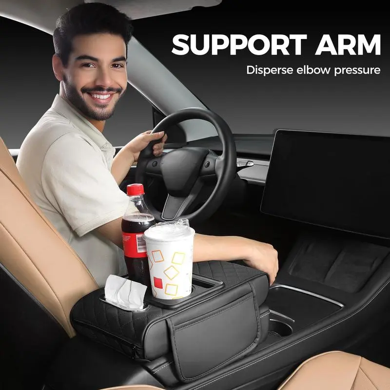 One piece armrest pad+5-in-1 central control cover integrated storage, with dual storage bags, cup holder, tissue slot, phone slot, black and red car interior decoration accessories.