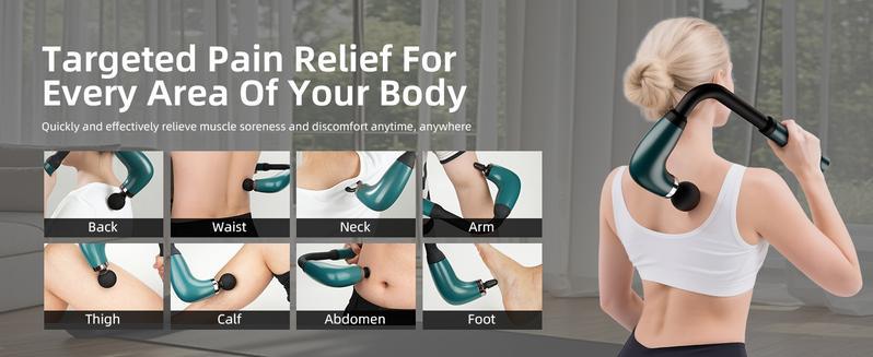 Massage Gun With Upgraded Extended Handle, Ergonomic Massage Gun USB Rechargeable Neck/Shoulder/Waist Massage for Pain Relief, Stepless Speeds 4 Massage Heads & 9 Speed Levels Ideal Christmas Gift for Friends & Families