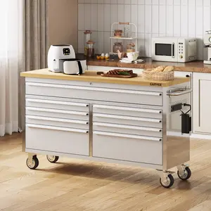 Garvee Upgraded Heavy Duty 61 Inch Stainless Steel Rolling Tool Chest Workbench with 15 Drawers – Durable Rubberwood Top, Locking Wheels, Power Strip, USB Ports, Key Lock – Mobile Tool Cabinet for Garage, Workshop, Warehouse, Silver