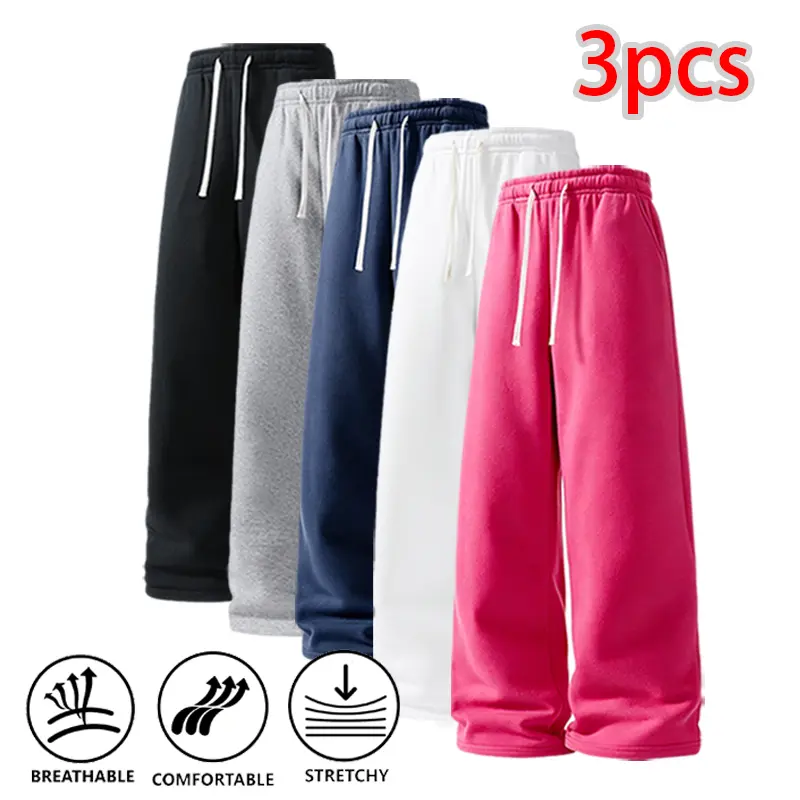 Men's 3-Pack Polyester Baggy Sweatpants - Drawstring Elastic Loose Wide-Leg Comfy Minimalist Long Pants for Home, Commuting, Men's Baggy Sweatpants
