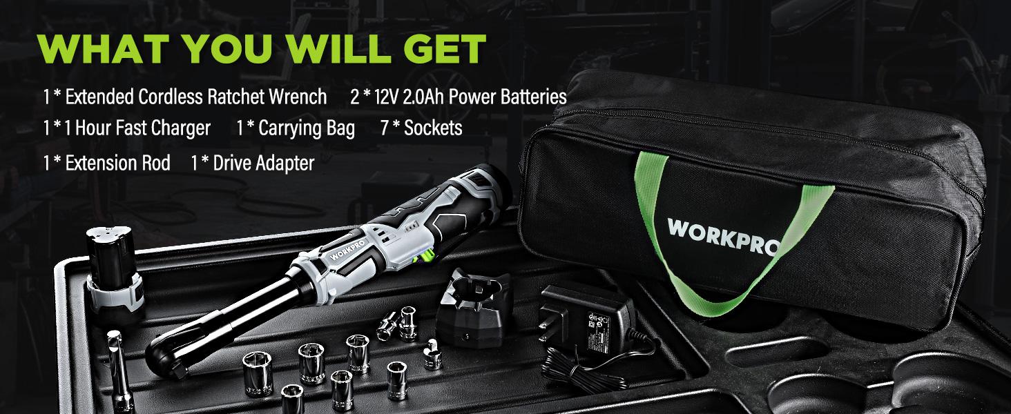 #JumpstartSale WORKPRO Cordless Electric Ratchet Wrench, 3/8" 12V 40 Ft-lbs Power Ratchet Wrench Kit with 9-Count Socket Accessory Set, 2-Pack 2.0Ah Lithium-Ion Batteries…