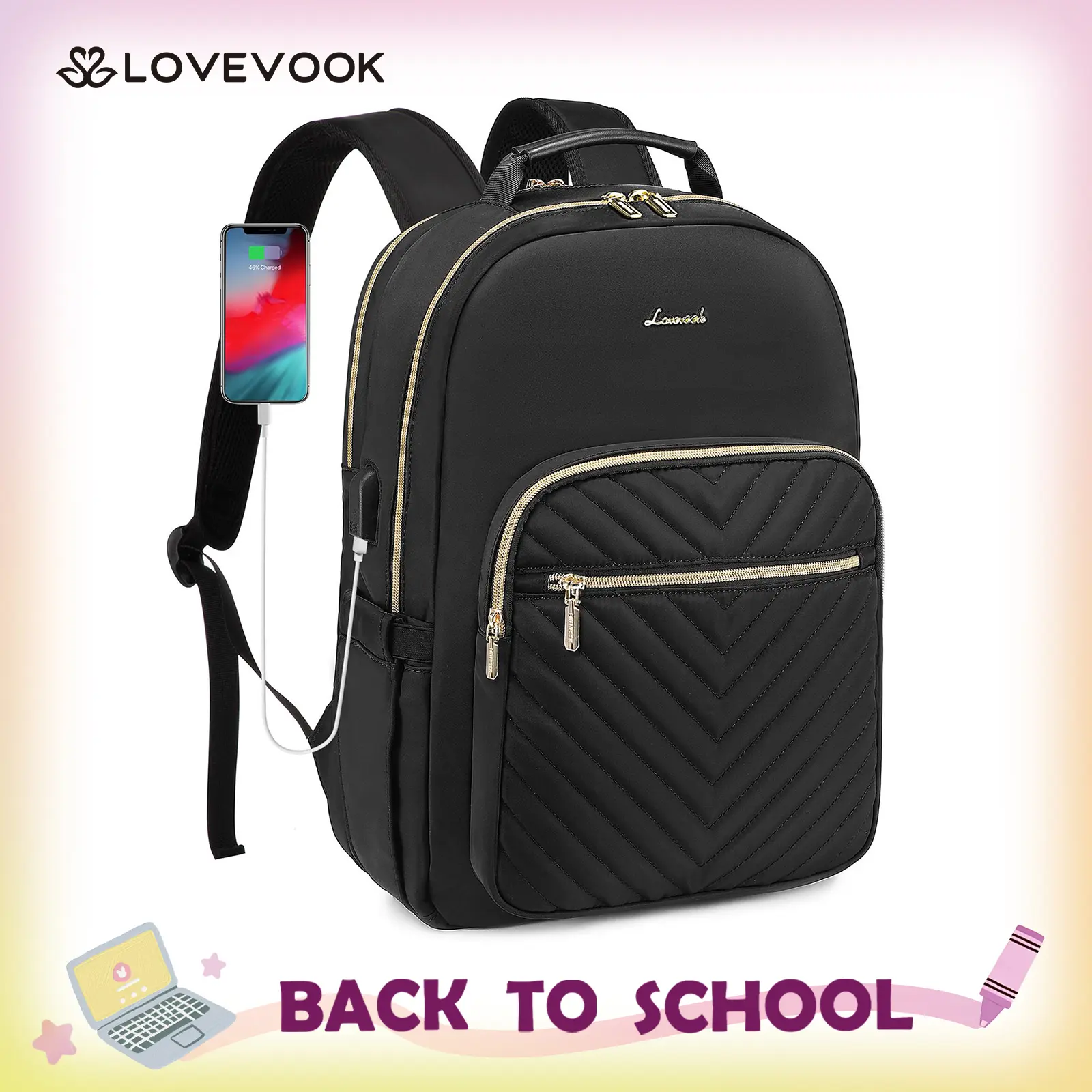 LOVEVOOK Laptop Backpack with USB Port,Quilted Casual Work Bags for Women with Laptop Compartment, Daypack College Business Teacher Computer Bag Travel Bags Laptop bag Carry on Backpack