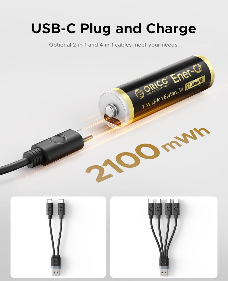 ORICO Ener-G Lithium ion Battery Rechargeable AA Lithium Battery 1.5V 2100mWh USB-C Charging 2H Fast Charging Over 1500 Cycles for Camera Controller Clock Flashlight Toys EG5C