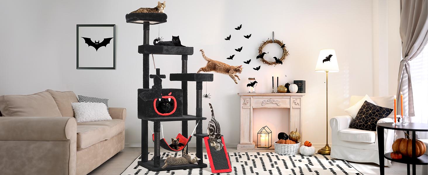 Yitahome Gothic/Christmas Cat Tree with Coffin Bed, Cat Tower for Cats with Top Perch, Spacious Cat Condos, Comfy Hammock, Scratching Post and Ladder