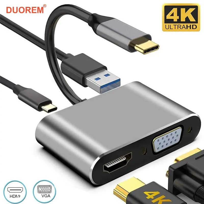 4 in 1 USB-C HUB Adapter, Supports 4K HD TV, USB C Hdmi, Vga Switcher, PD Charging, USB3.0, Compatible with Nintendo Switch, Samsung Laptops, USB Multiport Adapter