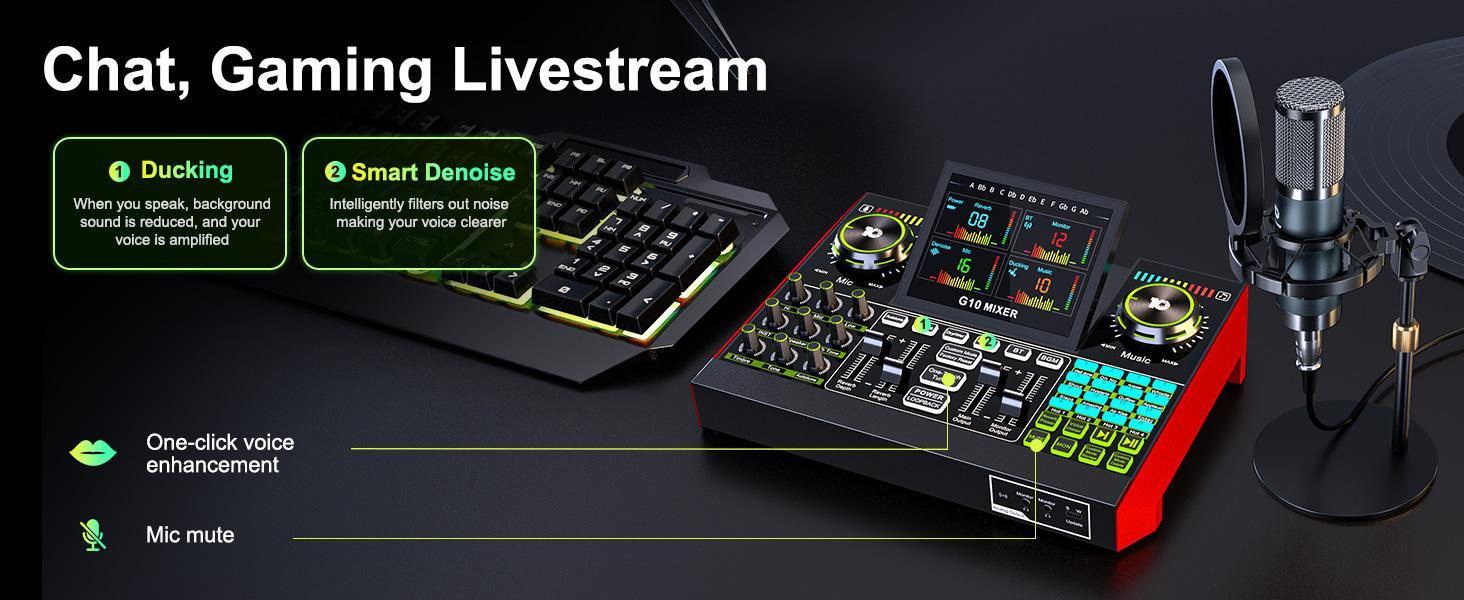 Tenlamp G10-P15 Sound Card with Cantilever Stand, Custom Sound Effects, Condenser Microphone, for Live Streaming, Gaming, Singing and Podcasting, 2-Stage Noise Cancellation, and Computer Audio Mixing