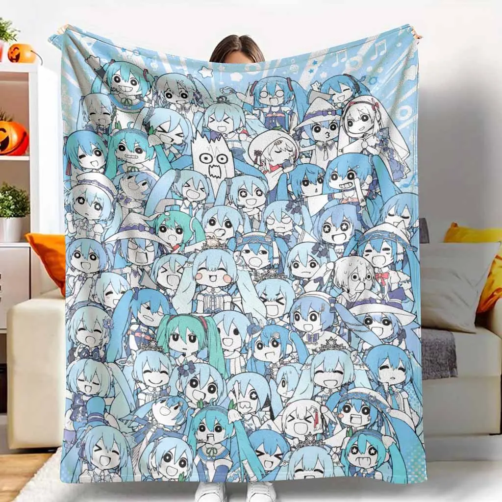Anime Character Flannel Blanket Cute Miku Cartoon Print Ultra Soft Lightweight Plush Throw for Bed Couch Sofa Living Room Bedroom Warm Gift Home Decor Bedding Cozy Nap Blanket Breathable All Seasons Travel Camping Office Use