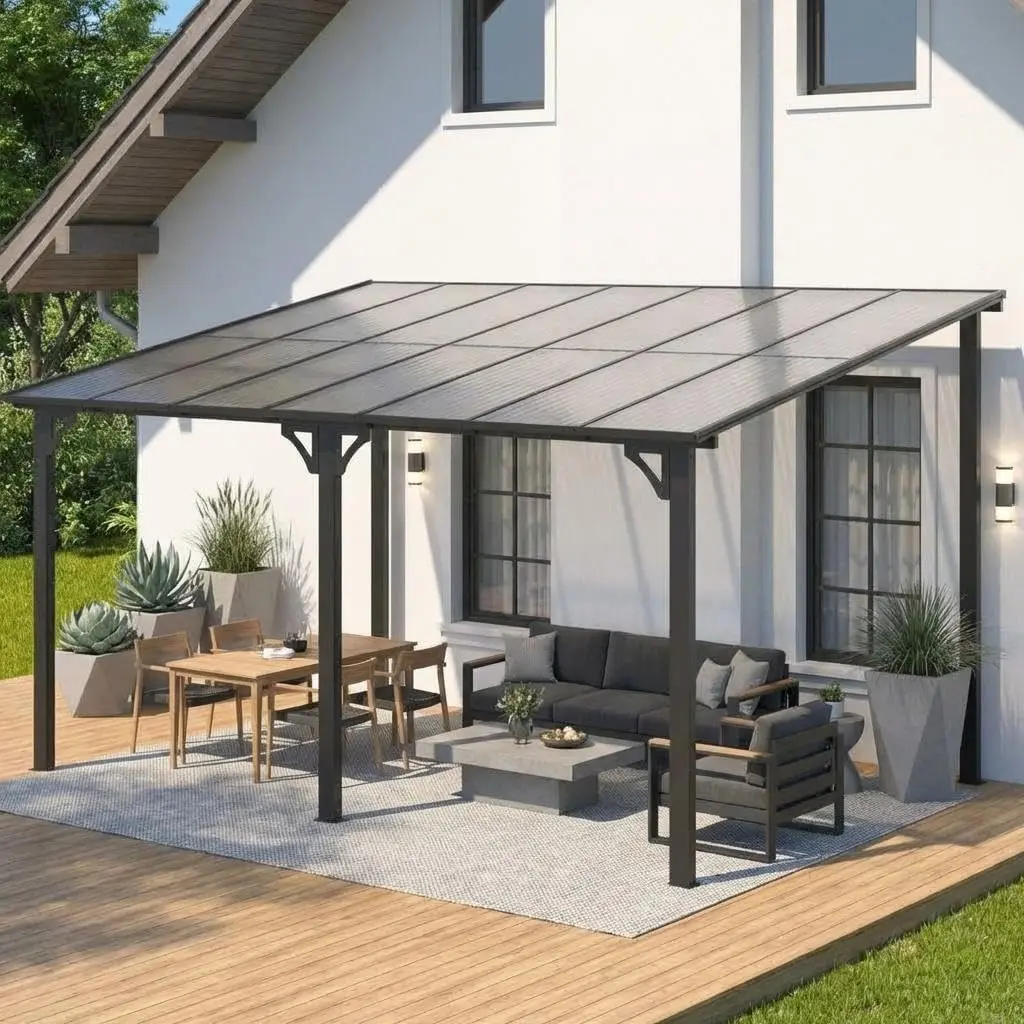 10x14 ft Wall Mounted Gazebo, Hardtop Lean to Pergola with Sloped Roof & Gutters, Heavy Duty Outdoor Awning for Patio, Deck, Porch, Backyard – Black