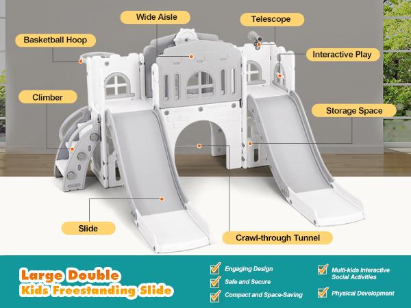 9 in 1 Toddler Slide Set with Double Slides Climber Basketball Hoop Tunnel Telescope Storage Non-Slip Steps Indoor Outdoor Playset for Toddlers Age 1-3+