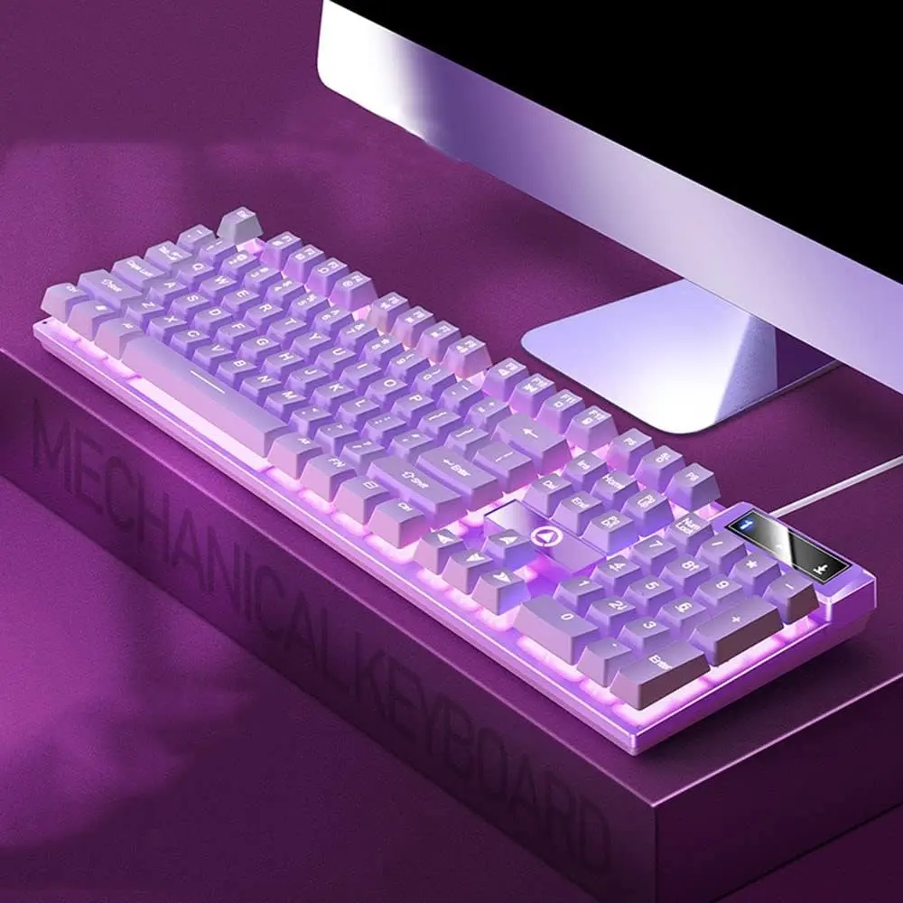 104-Key Ergonomic Durable ABS Backlit PC Gaming Keyboard - USB Wired, Dual Light Modes (RGB Rainbow Glow, Purple & Solid White Mix), PC Accessories Gaming, Gift Ideas for Gamers