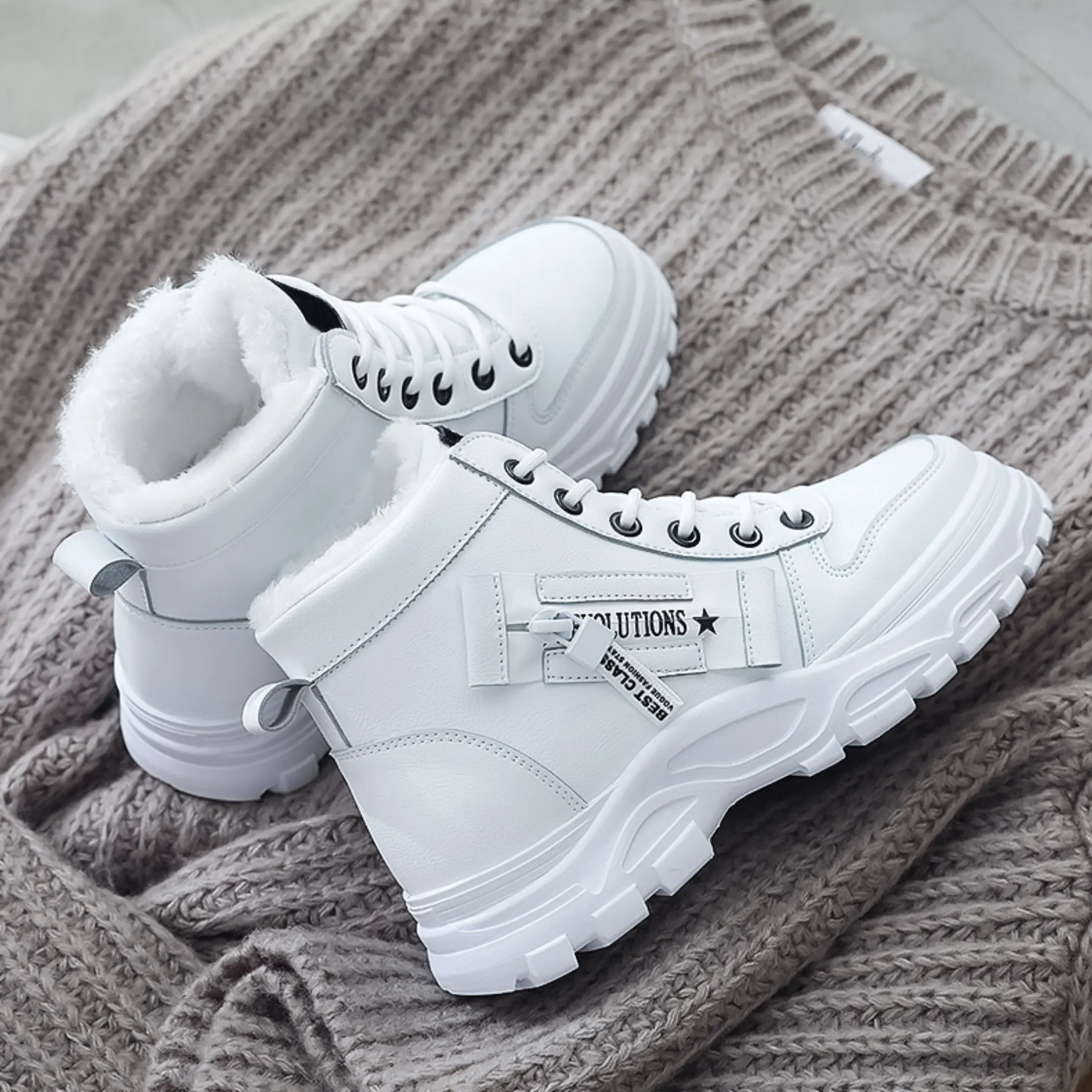 Warm Plush Lined White High Tops for Women Casual Platform Winter Sneakers Sports Shoes Athletic