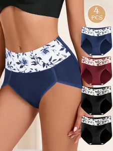QUASTI 4PCS High Waist Panties With Floral Waistband Soft Breathable Women Briefs Comfortable Womenswear for Everyday Use