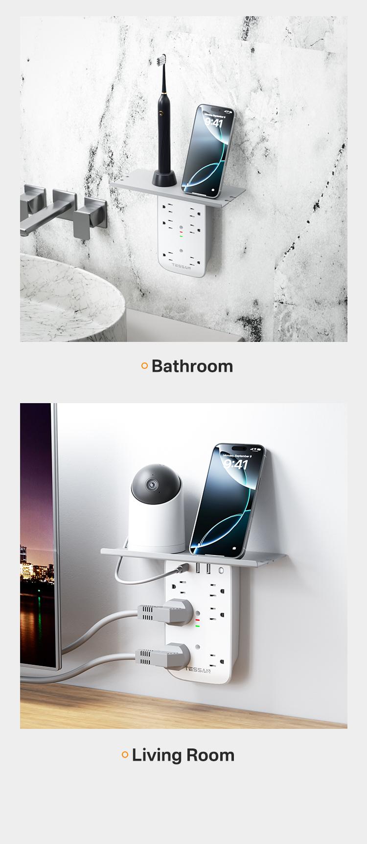 Tessan Wall Outlet Extender with Shelf Night Light Multi Plug Outlets USB Charger 6 AC 2 USB Ports 1 USB C for Home Office