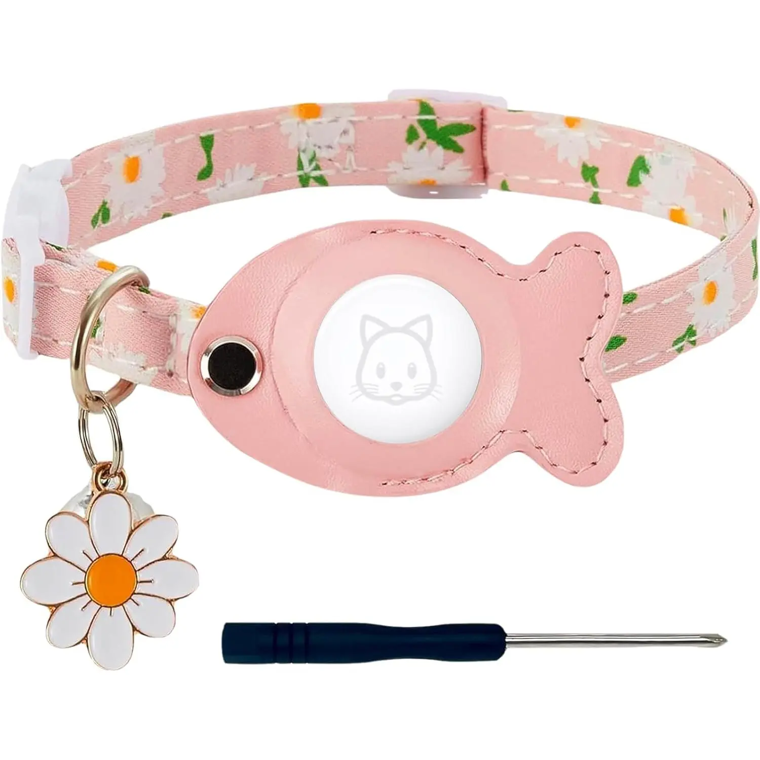 Cat Collar for Airtag, Breakaway Cat GPS  Collar Kitten Collar with Airtag Holder and Bells for Girl Boy Cats Cute Personalized Cat Collar with Fish Adjustable Length (Pink)