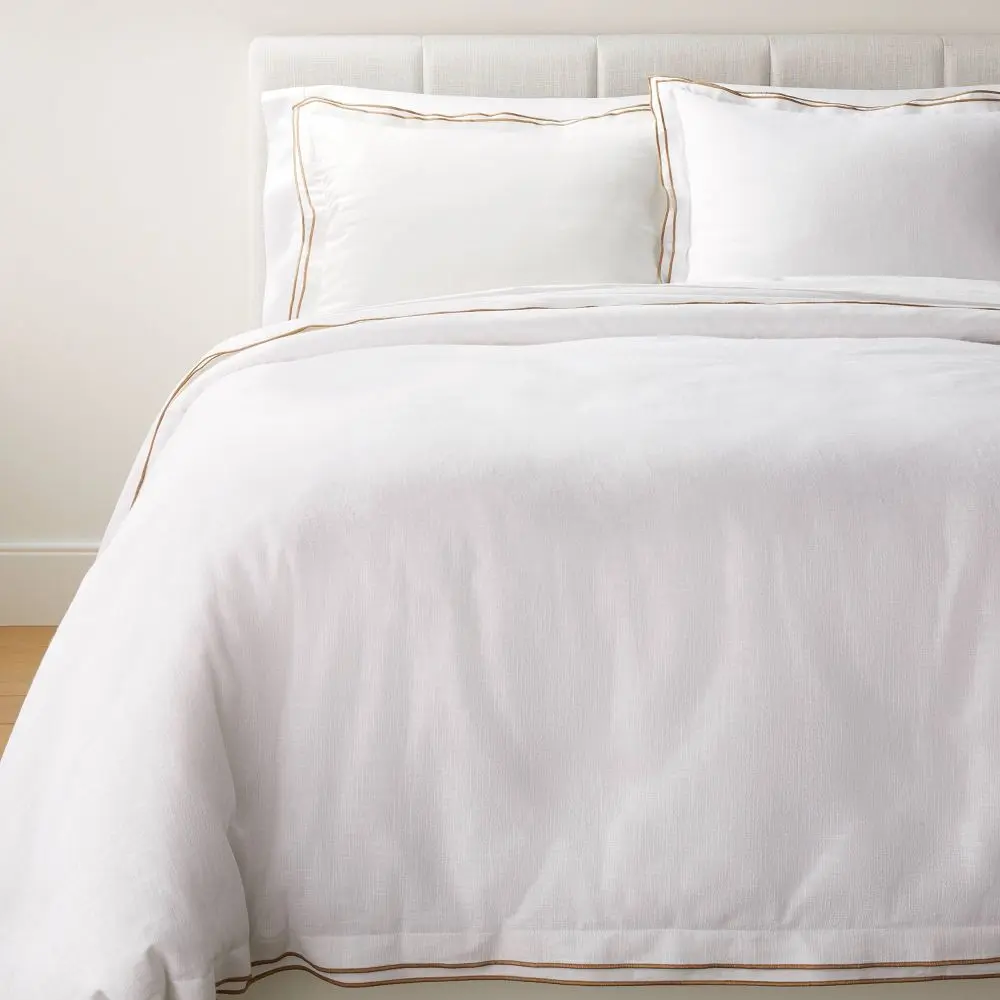 Cotton Full/Queen Bedding Set - Double Flange Merrow Stitch Duvet Cover & Sham Bundle, White/Camel, Threshold Designed with Studio McGee, Bedding Sets Collections, Bundle Bedding Sets Collections