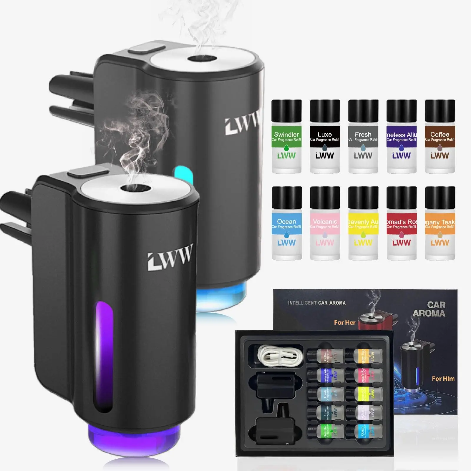 Smart LED Aromatherapy Diffuser for Car & Home, Fragrance Aroma Humidifier, Portable Humidifier, Aroma Diffuser Humidifiers, 3 Spray Modes, Ultra-Quiet, Includes 10 Essential Oils