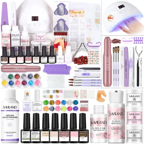 SAVILAND All-in-1 Acrylic Nails Kit Set with Drill - Beginner Starter Kit Including Clear, White, Pink Acrylic Powder, Liquid Set, 88W Nail Lamp, Gel Polish for Home DIY,familyfun