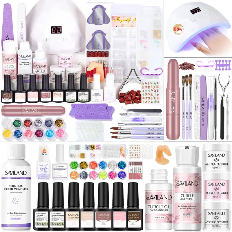 SAVILAND All-in-1 Acrylic Nails Kit Set with Drill - Beginner Starter Kit Including Clear, White, Pink Acrylic Powder, Liquid Set, 88W Nail Lamp, Gel Polish for Home DIY,familyfun