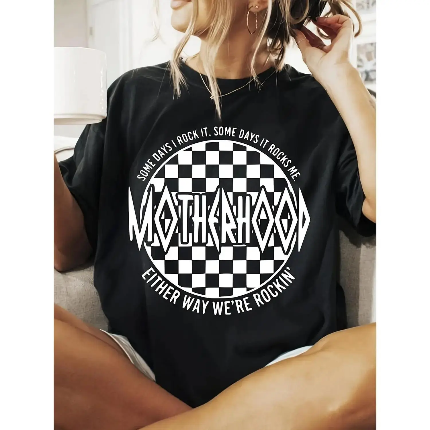 Retro Oversized Black T-Shirt for Women Featuring Bold Motherhood Checkered Graphic and Some Days I Rock It Some Days It Rocks Slogan Heavyweight Unisex Casual Tee for All Season Comfort
