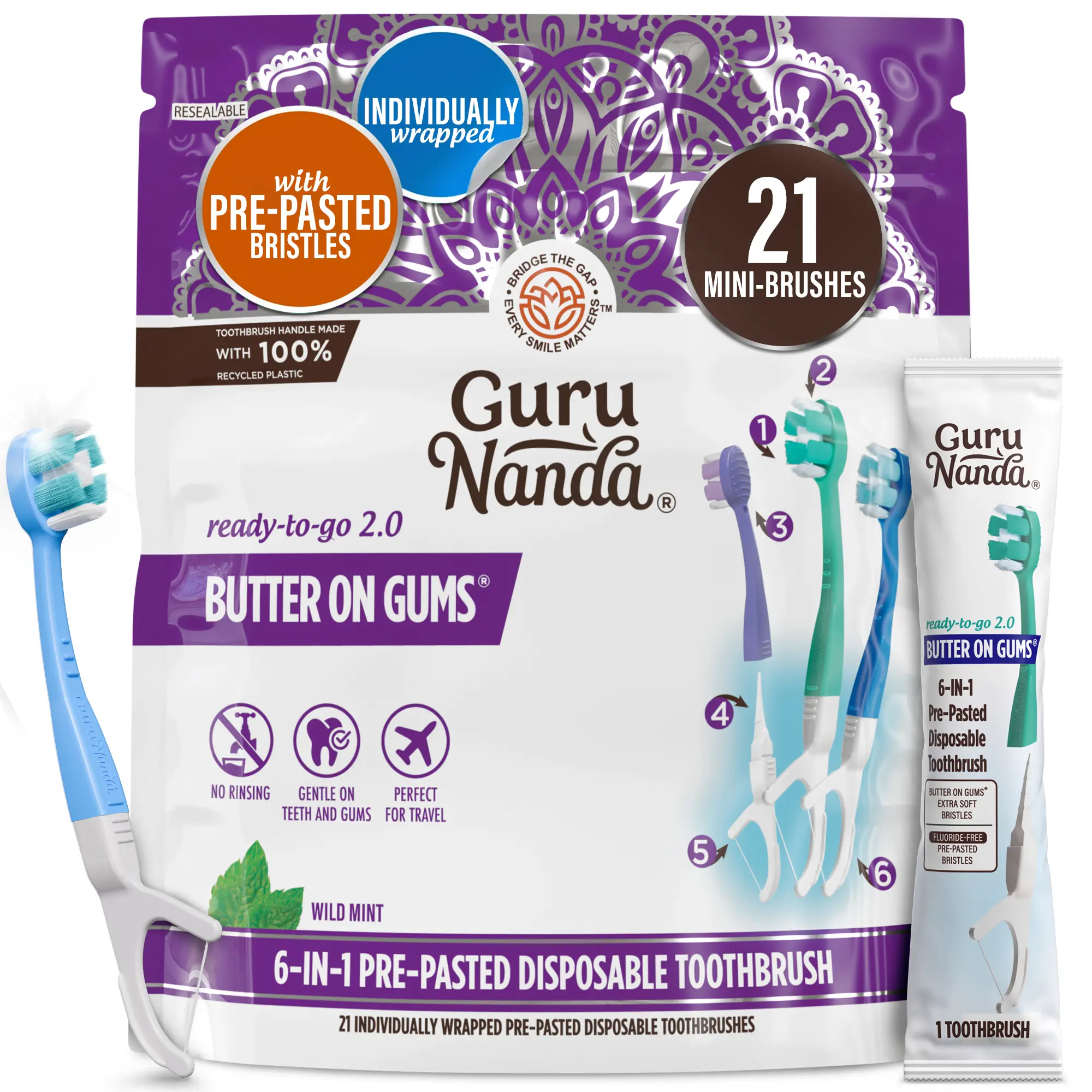 GuruNanda 6-in-1 Ready-to-Go Pre-Pasted Butter on Gums Mini Travel Toothbrush with Floss & Toothpick, No Rinsing Needed, Individually Wrapped & TSA Friendly, 21 Ct