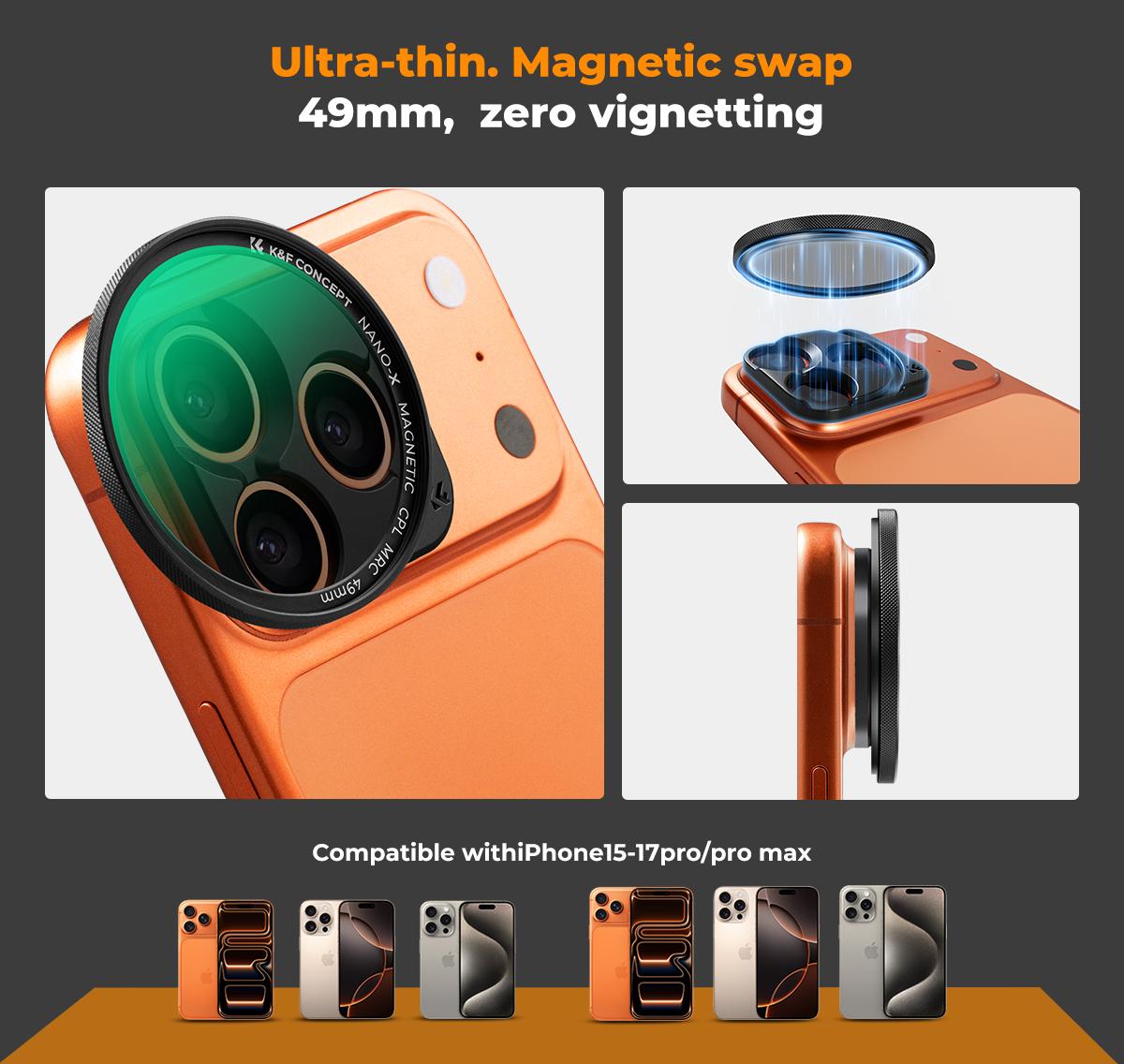 [K&F CONCEPT] Ultra Tiny Magnetic CPL Lens Filter for iPhone 17 16 15 Pro/ProMax，Mag Snap On Filter, convenience，Anti-Glare & Enhances Texture.uts the glare, reveals true texture
