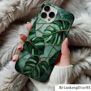 Stained Glass Style Monstera Leafs Phone Case Art Deco Green Houseplants Artful Trendy Vintage Gift Iphone 13 14 15 16 Casing Tough Cases, Halloween Premium Phone Case, Leopard Print Tough Phone Case, Bling Glitter Virgin Mary Phone Case.8.R93