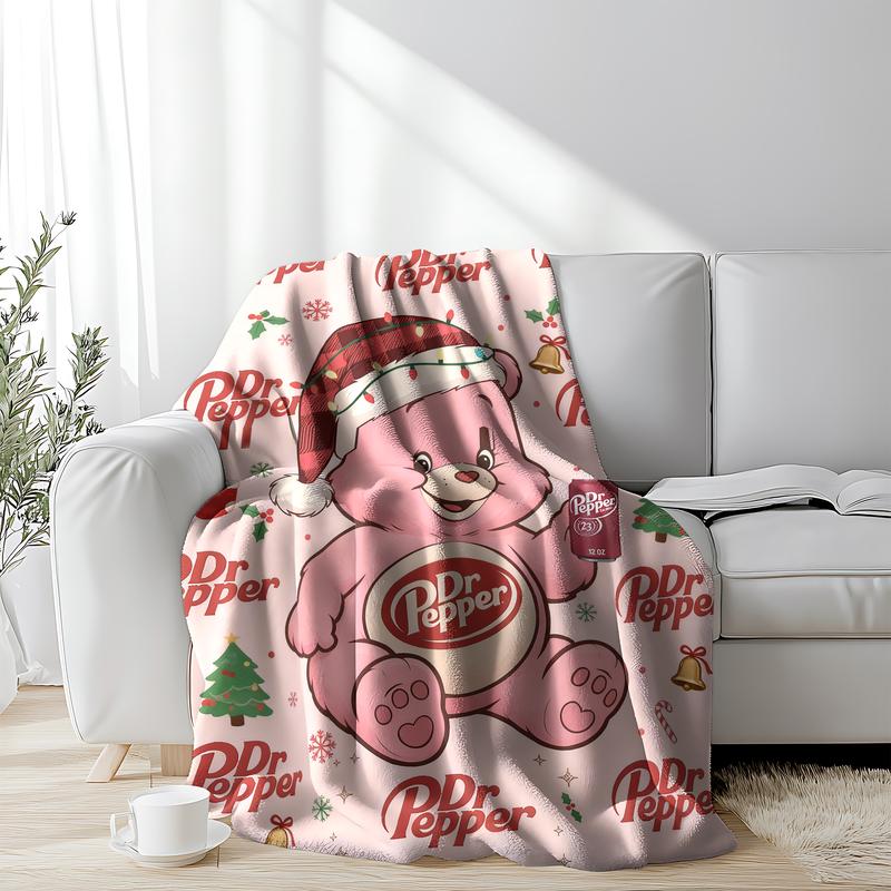 Pink Bear Dr Pepper Flannel Blanket, Cute Christmas Theme Blankets ,Soft and Comfortable  Suitable for Sofas, Beds, Camping and Travel - Modern Style.