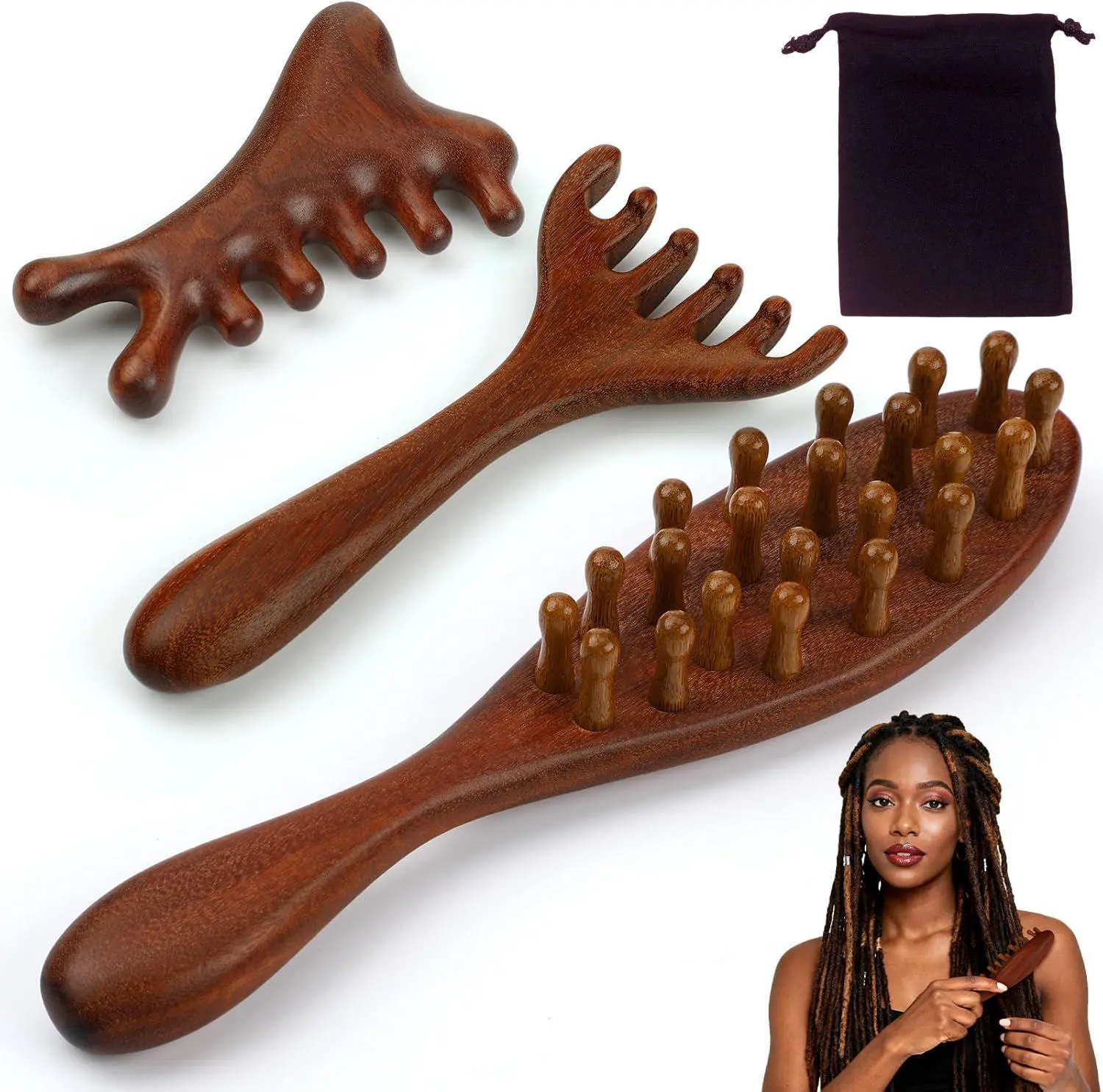 3 Packs Wooden Scalp Massager Tool Loc Combs with Storage Bag, Long Handle Head Massage Scalp Loc Brush for Dreads,Multifunctional Hair Massager Tool for Men & Women