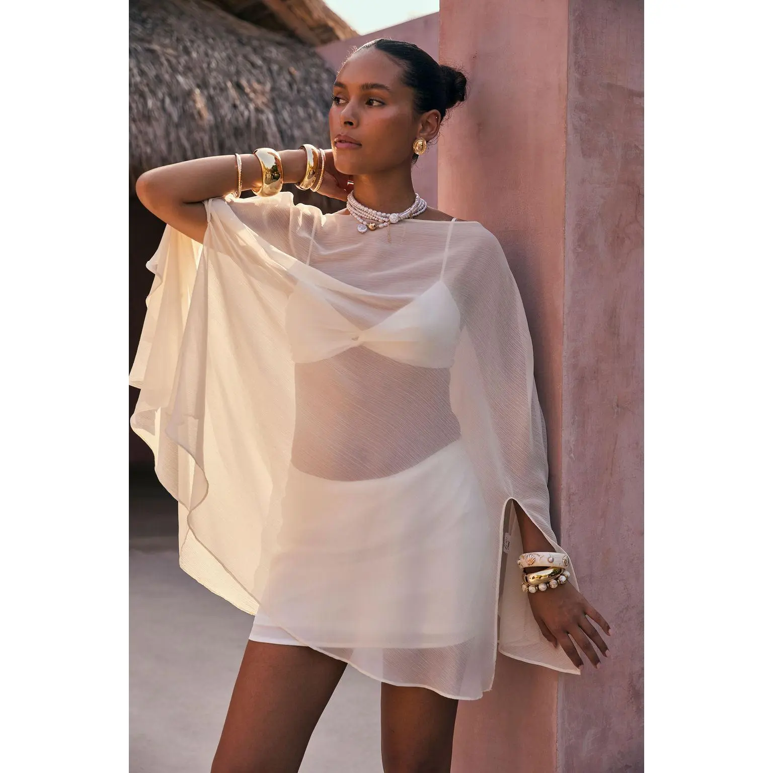 Havana Ivory Chiffon Cape Dress
