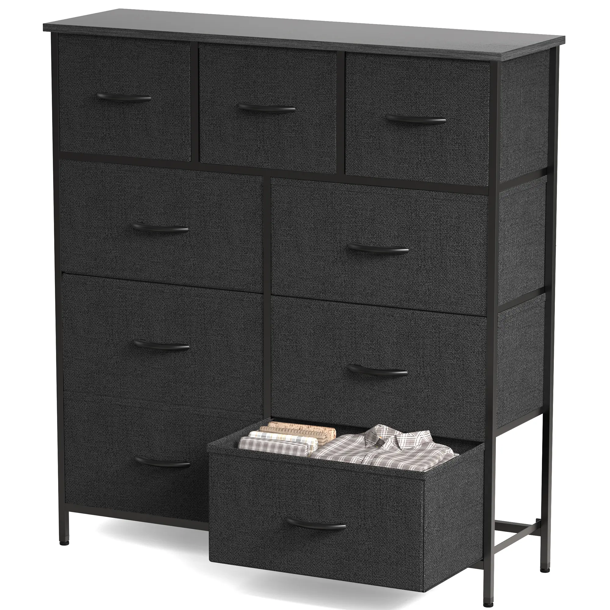Modern 9-Drawer Dresser Cabinet - Fabric Drawers Storage Tower with Steel Frame and Wooden Top, Storage Organization Solution for Kids Bedroom