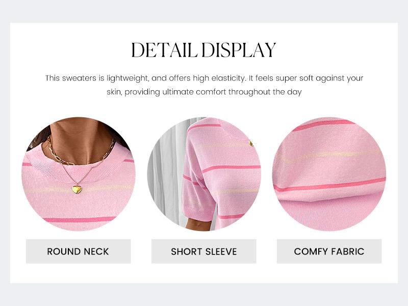 Shewin 2026 Spring/Summer Women's Short Sleeve Striped Sweatshirt - Soft Breathable Fabric Crew Neck Pullover Top for Daily Wear