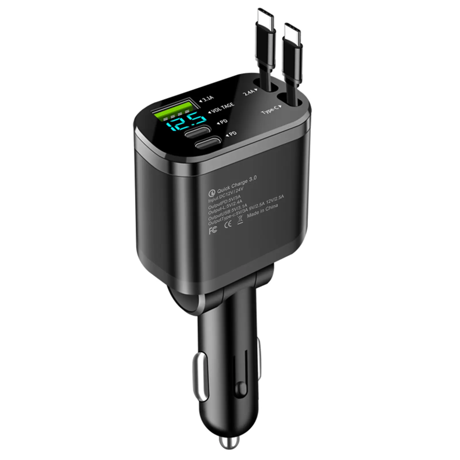 66W Retractable Car Charger for iPhone, Dual USB-C, 5-in-1 Fast Charging, Compatible with iPhone 16/15/14/13/12/11, iPad, AirPods