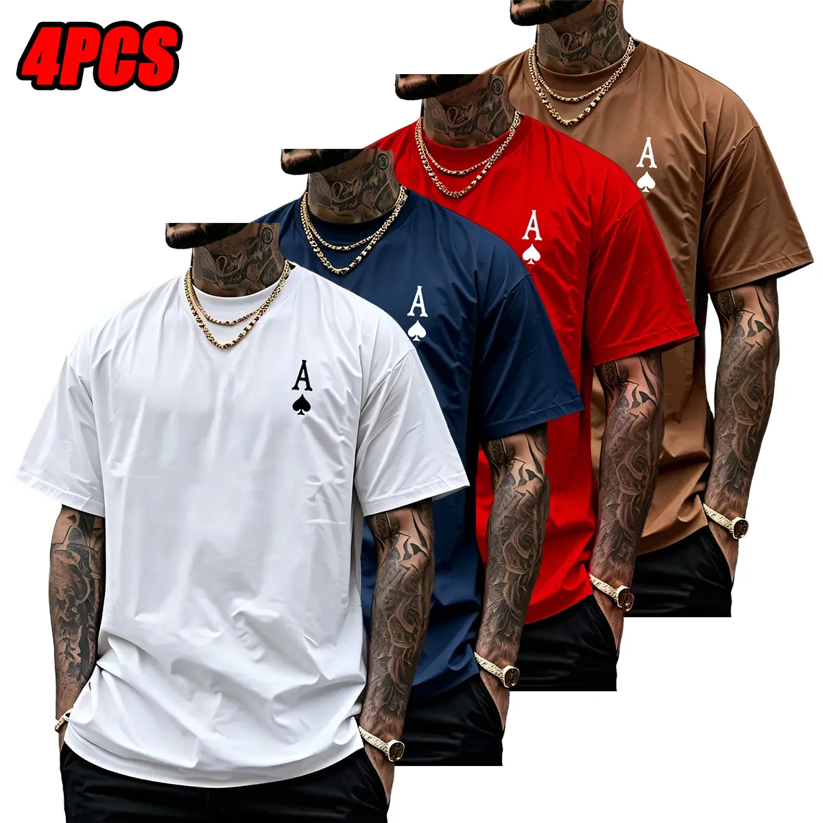 Men’s 4-Pack Round Neck Graphic Tees, Black Double-Sided "A"-Shaped & Playing Card Prints, Soft Breathable Loose Casual Short Sleeves, Streetwear, Men’s Clothes, Father’s Day Gift, T Shirts,clothes for back to school,first day of school outfits