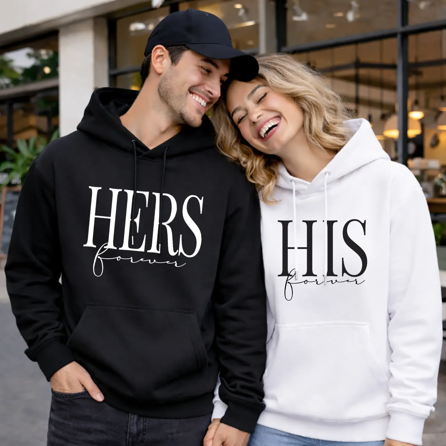 Men's Black Ribbed Loose-Fit Cotton-Polyester Long-Sleeve Hoodie Sweatshirt - Valentine's HERS & HIS Forever Matching Pairs Set, Menswear, Plus Size, Natural Soft Windproof Fabric, Pocket Hands-Free, Daily Wear Streetwear