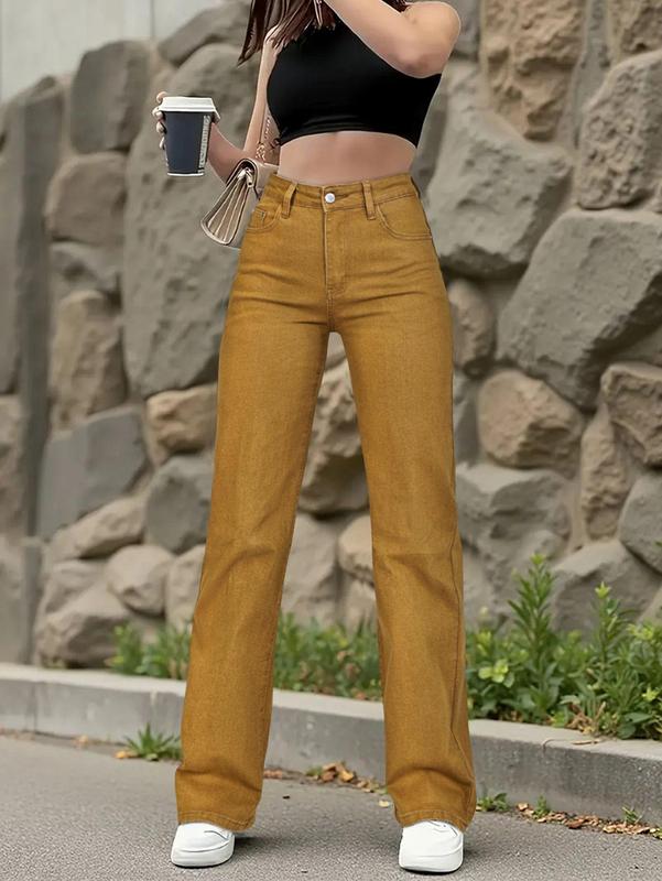 Women's High-Waisted Wide-Leg Denim Jean Pants - Vibrant Mustard Yellow Hue, Comfortable Fit, Elegant Stylish Design, Womenswear Bottoms, Elegance