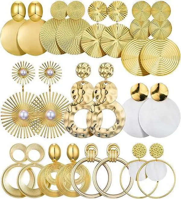 11 Pairs Big Disc Drop Earrings Set for Women - Golden Dangle Earrings with Round Hammered Statement Design, Versatile Everyday & Party Jewelry errings
