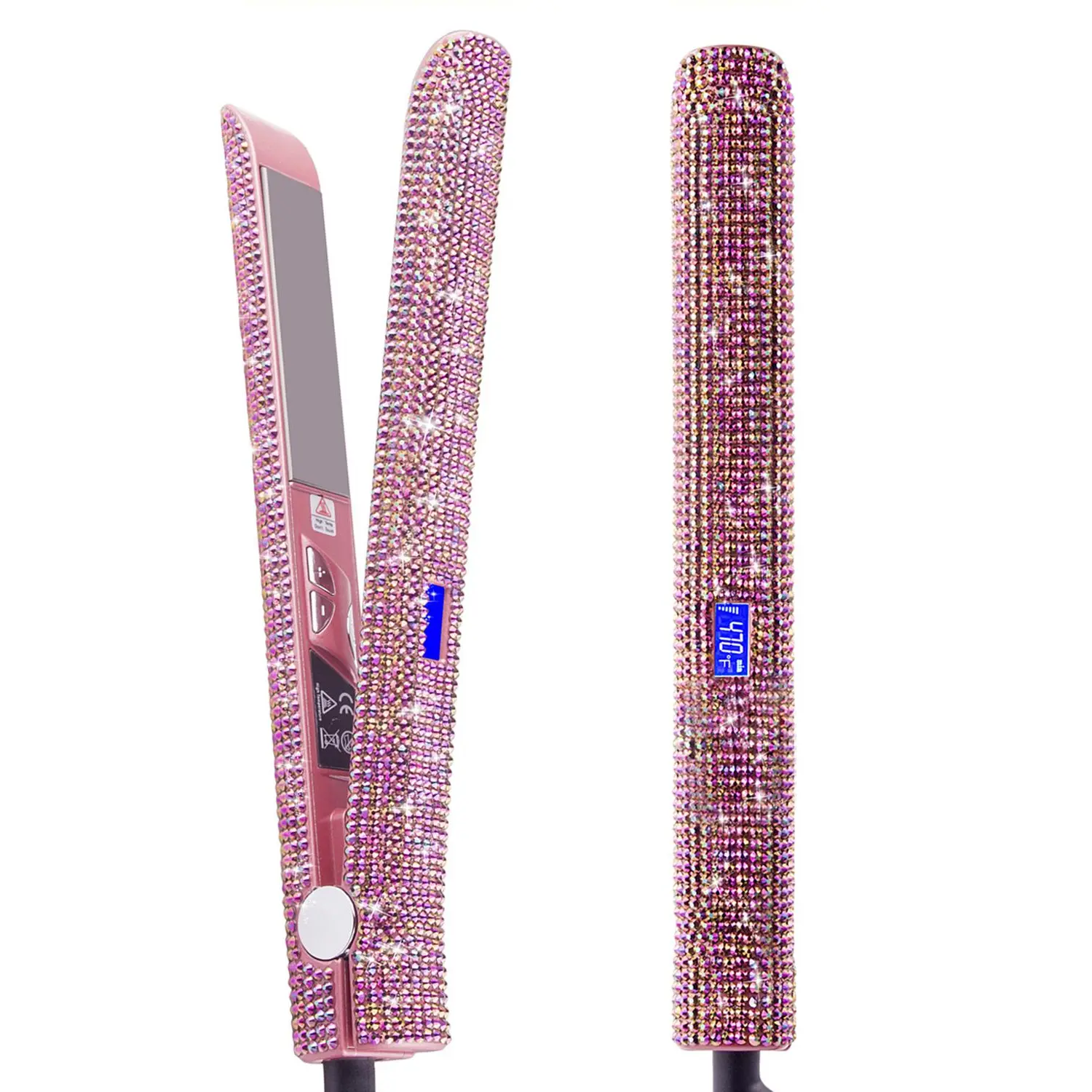 Crystal Rhinestone Smooth 2-in-1 Hair Styling Tool - 1" Titanium Flat Iron Straightener & Curler, 480°F Salon-Grade Heat, Adjustable Durable Design, Dual Voltage (Blush Pink)