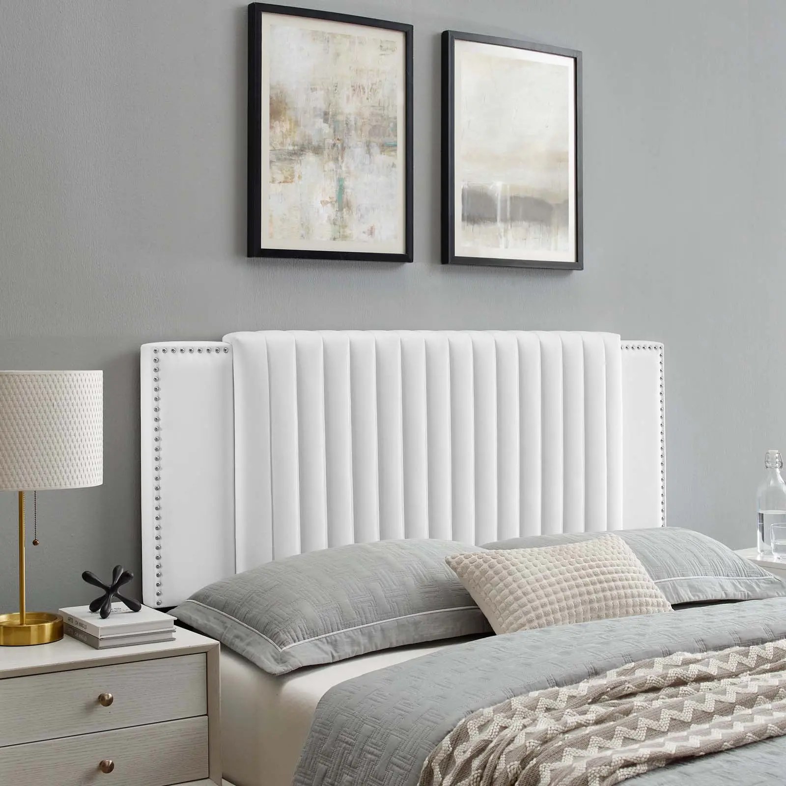 Modway Felicity Upholstered Adjustable Headboard - White Performance Velvet, Channel Tufted, Glam Deco Design, Full/Queen Size, Modern Bedroom Headboards, Plywood/MDF, MDF Frame, Assembly Required