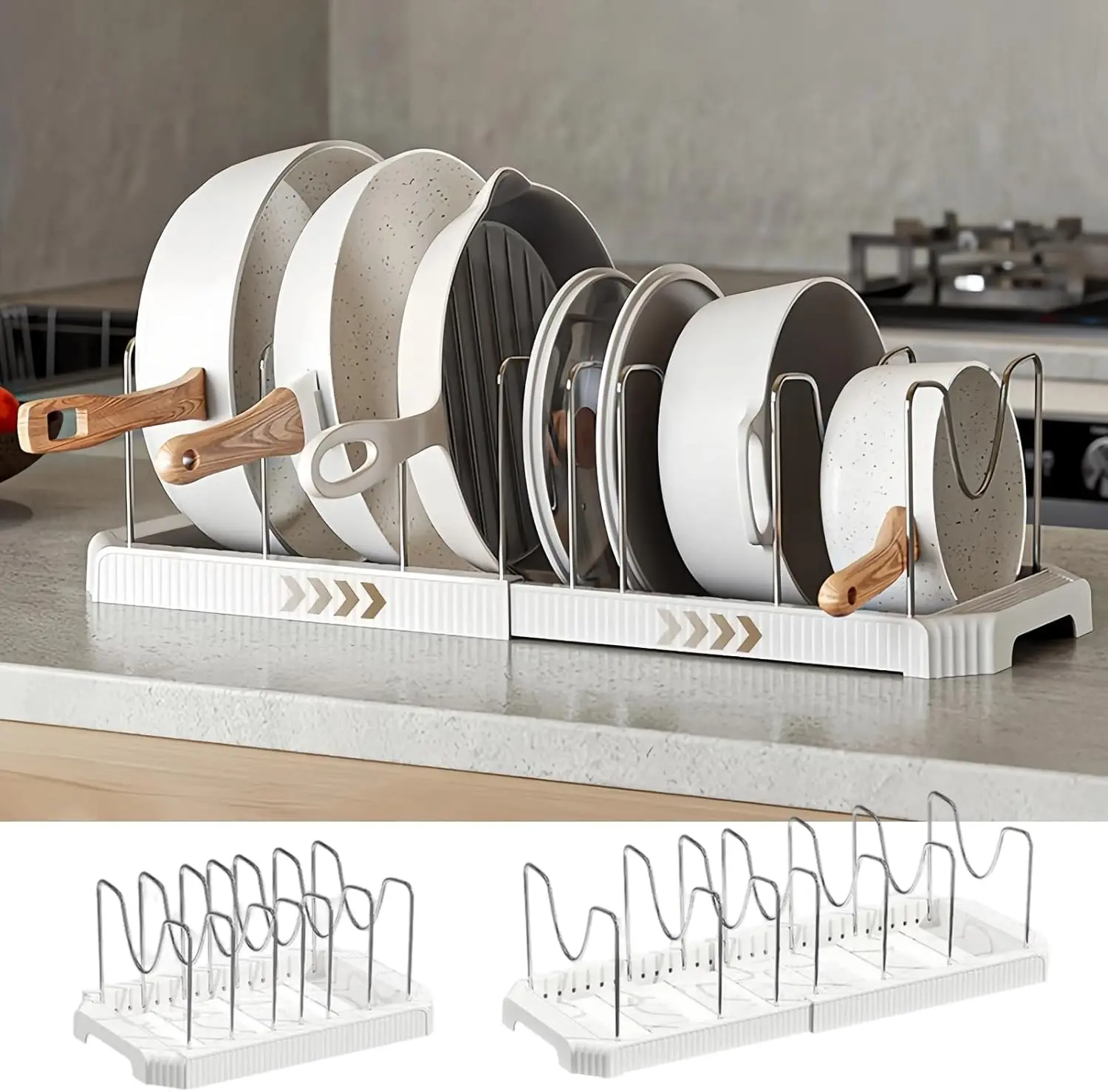 Pots and Pans Organizer Under Cabinet, Expandable Pot Lid Holder and Pan Organizer Rack for Cabinet Storage, Adjustable Cookware Organizer for Pots, Pans, Lids, Bakeware, Kitchen Cabinet Organization and Space Saving Storage Solution