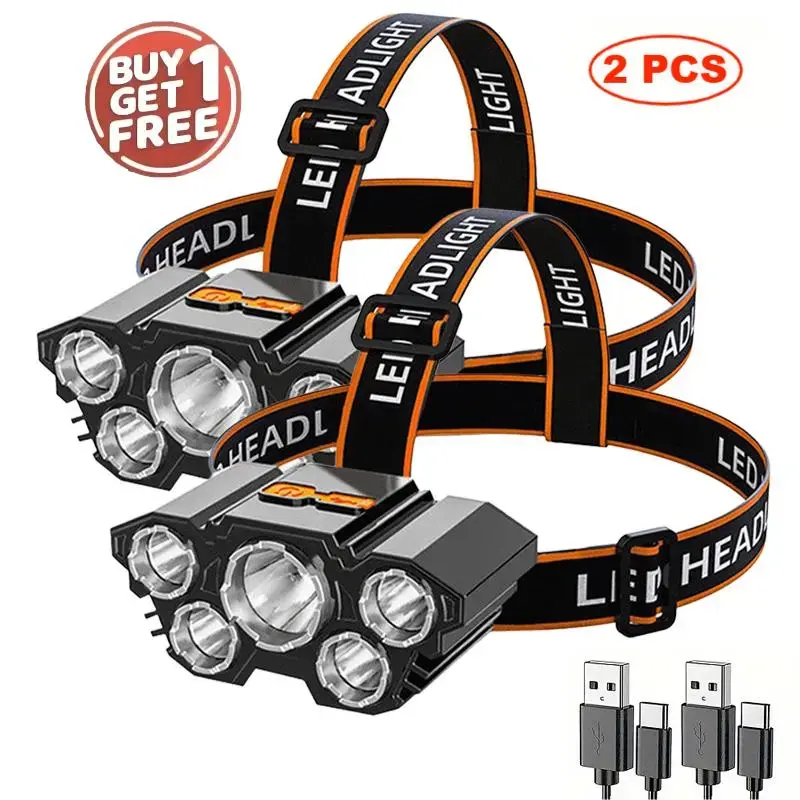 Work Headlamp 2 Pack, 18000 Lumen 5-LED Rechargeable Head Light, USB Charging Waterproof Hard Hat Compatible, 4 Modes Adjustable Forehead Flashlight for Mechanic, Construction, Auto Repair, Hands-Free Job Site Light giftsformen