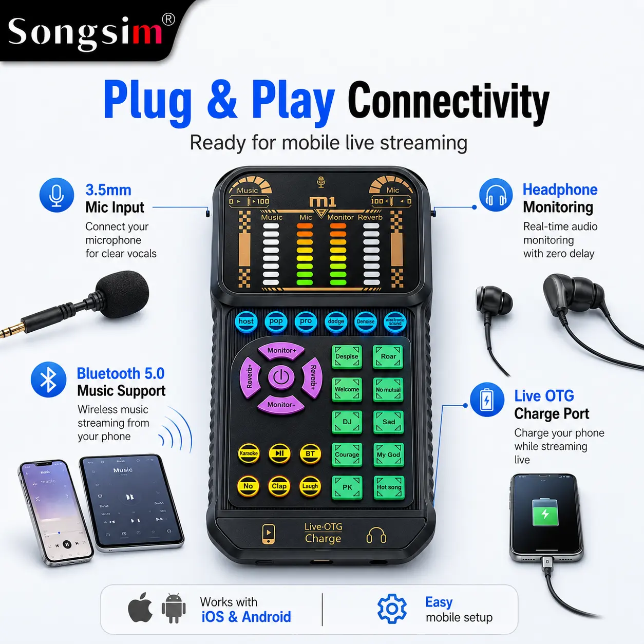 Songsim M1 Portable Live Sound Card - Mini Audio Mixer with Bluetooth 5.0, LED Level Display, Sound Effects, OTG Charging, Headphone Monitoring, Wired Cable Connector for Android Devices (Live Streaming, Karaoke), Mobile