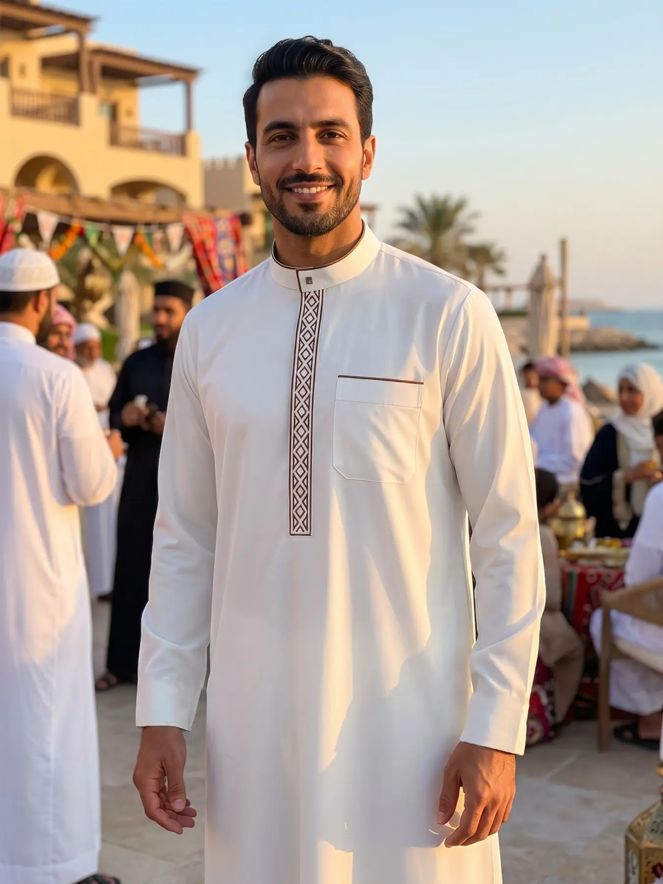 Islamic Traditional Men's Stand Collar Geometric Embroidered Robe, Authentic Saudi Muslim Thobe, Loose Fit Jubba, Classic Daily Wear, Eid Al-Adha Festival Gift
