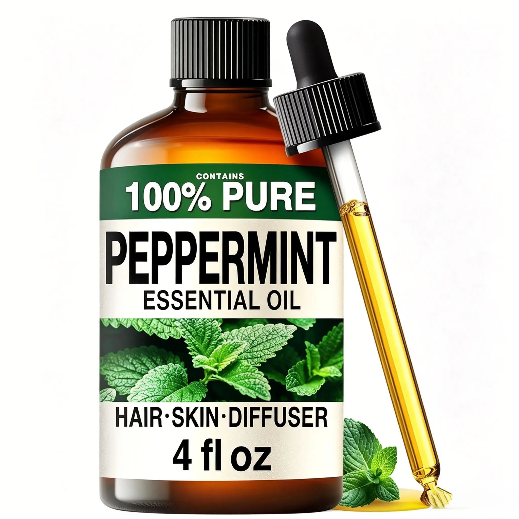 KUKKA Peppermint Essential Oil for Diffuser & Hair - 4 Fl Oz Peppermint Essential Oil for Hair, Skin, Diffuser, Aromatherapy & DIY Soap Making Scent