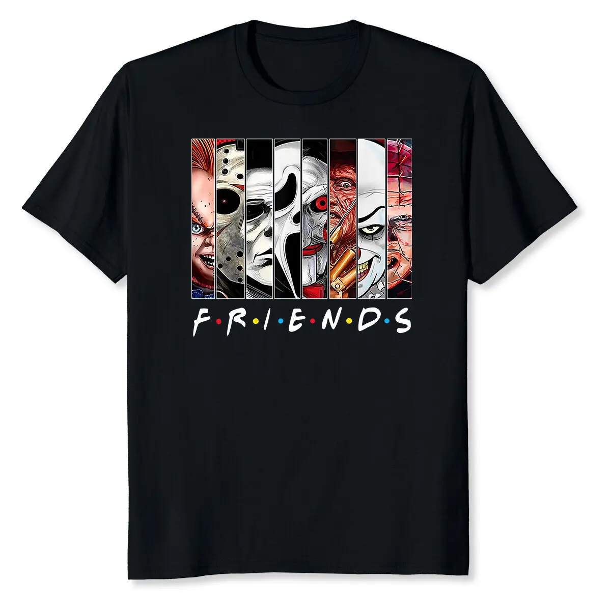 Unisex Friends Horror Squad Parody Casual T-Shirt - Black Classic Cotton Round Neck, Bold Horror Humor Digital Print, Soft Slight Stretch Knit Fabric, Regular Fit, Perfect for Halloween & All-Season, Casual Streetwear Sports Top, Size L